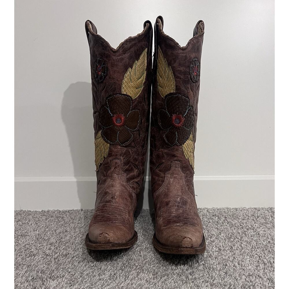 Corral Vtg Women Western Cowgirl Boots 9M 15” Tall Boho brown Floral Leather